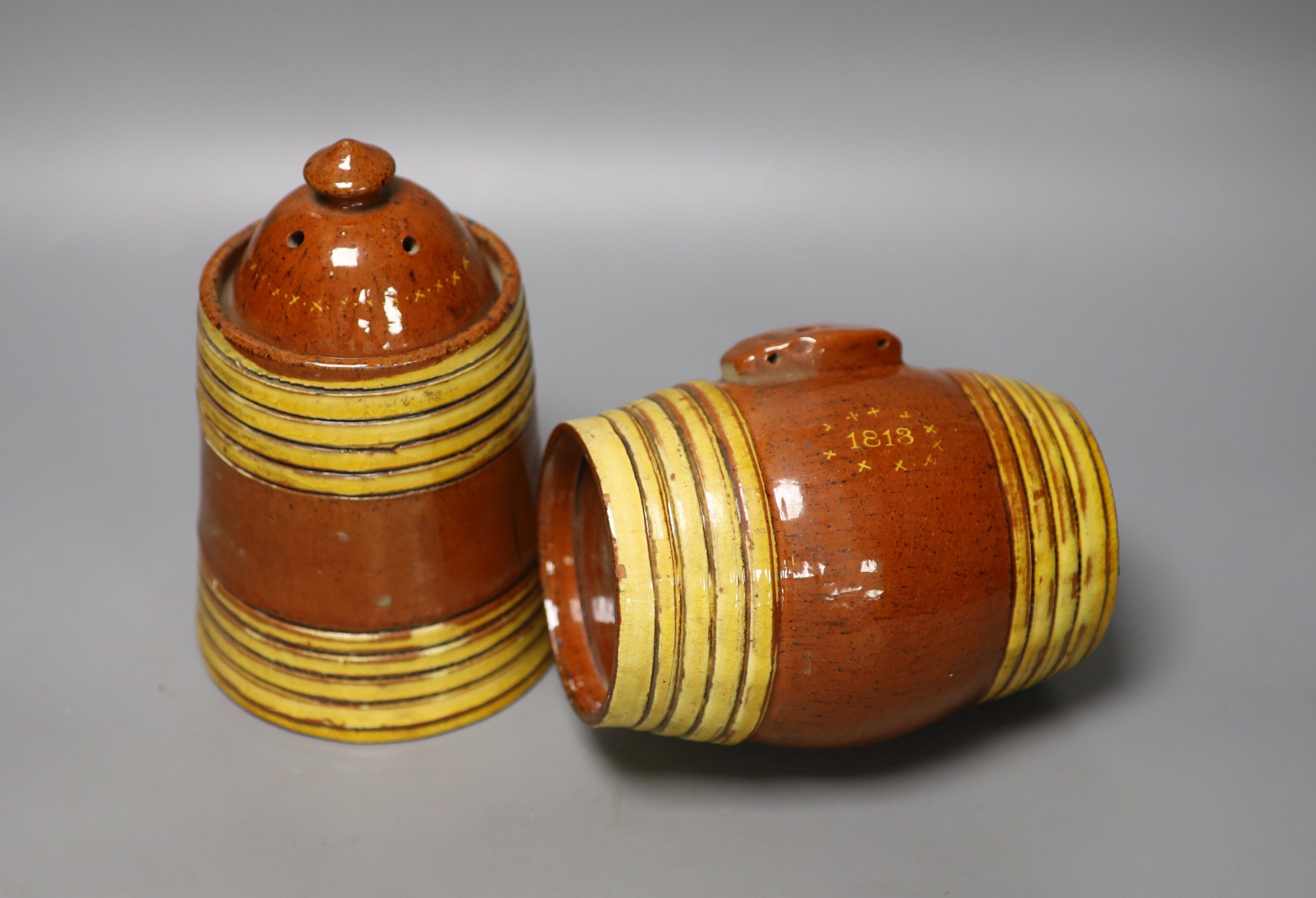 A Dicker pottery jar and cover, marked 'Jane Butler Sedlescombe Sussex August 20 1815' and a similar barrel monogrammed WB1813